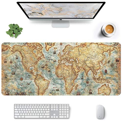 Auhoahsil Large Gaming Mouse Pad, Vintage Map Theme XXL 35.4 x 15.7 in Desk Pad Stitched Non-Slip Rubber Long Computer Mousepad Thin Extended Full Size Desk Mat for Desktop, Laptop, Wireless Mice