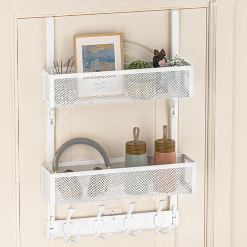 Aimeaihe Over The Door Hooks Organizer Door Hanger Towel Rack with 2 Baskets Adjustable Over The Door Coat Rack Back of Door Storage for Bedroom Kitchen Bathroom White