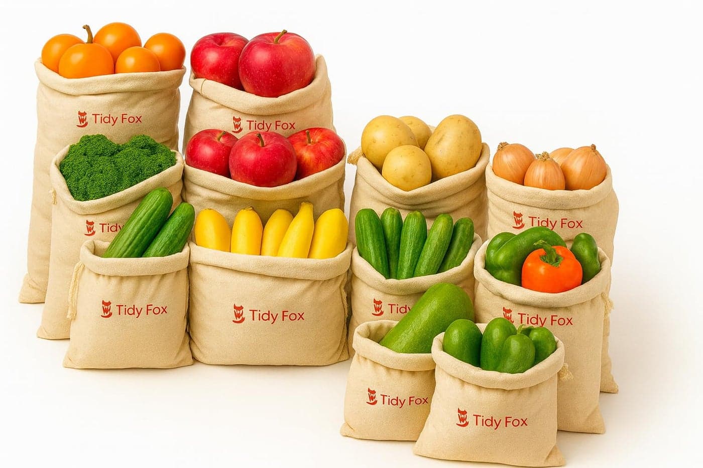 Tidy Fox Cotton Bags for Fridge Vegetable Storage / (Set of 12) / Drawstring, Washable & Eco-Friendly
