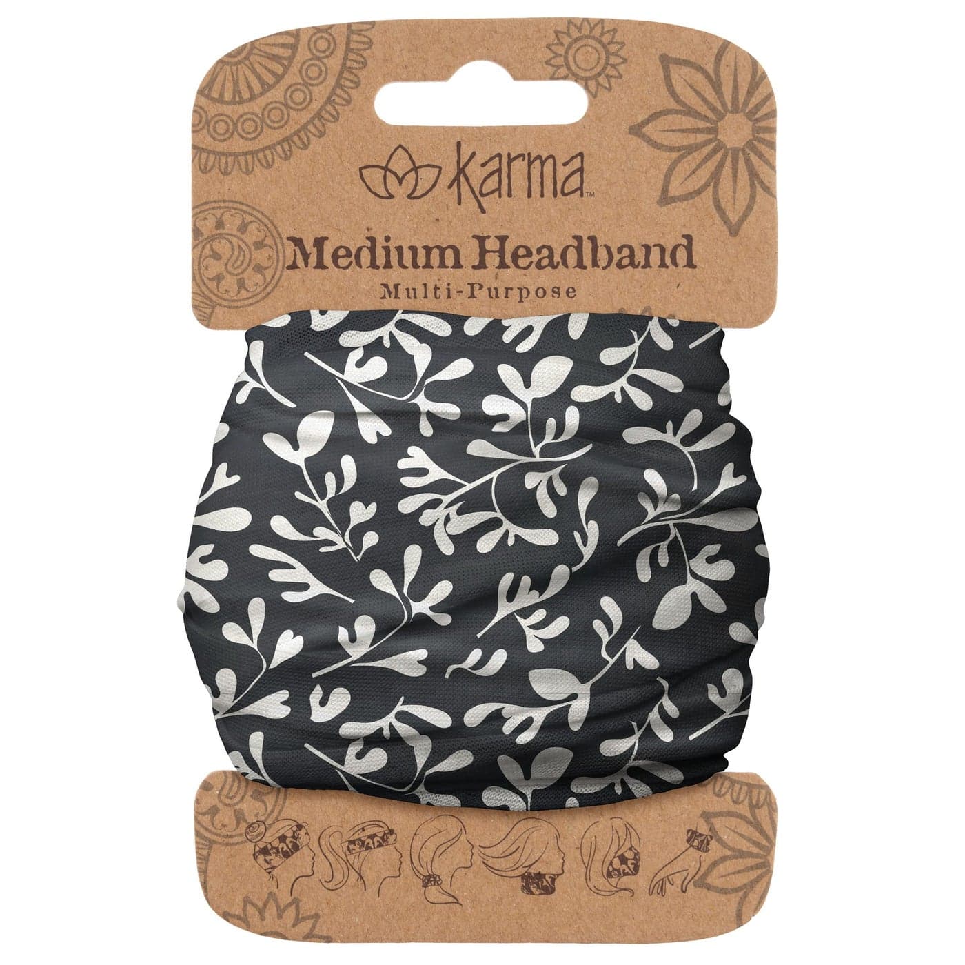 Karma Gifts Black Ivy Headband for Women Medium Fabric Headband and Stretchy Hair Scarf Black And White
