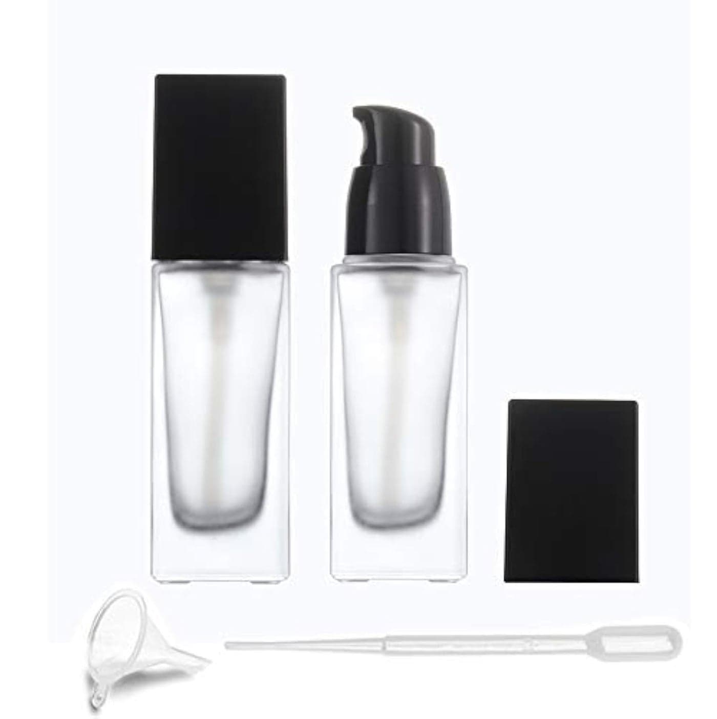 2 Pack 30ml1 Oz Frosted Glass Foundation BottleEmpty Refillable Square Lotion Bottle With Press Pump for Lotion Liquid Body Cream Cosmetic Travel Foundation Samples VialsPipetteFunnel Included