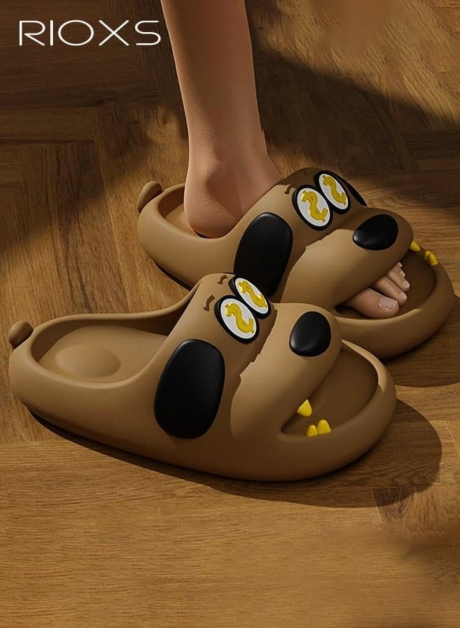 Unisex Cartoon Couple Slippers, Soft and Non-Slip, Indoor/Outdoor Thick-Soled Puppy Home Shoes for Men and Women, Breathable EVA Material, Perfect for Home, Bathroom, Garden, Beach, or Pool, Brown