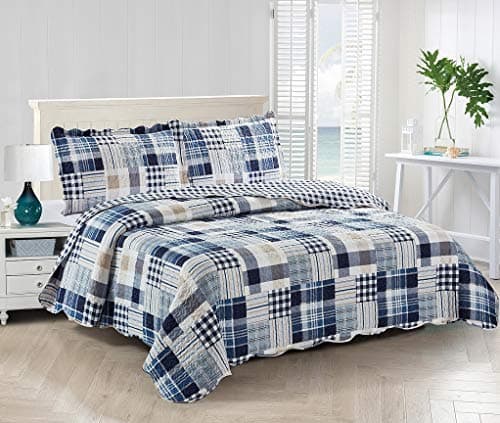 Brilliant Sunshine Plaids and Stripes Quilt Set 3Piece Bedding Sets with 2 King Pillow Shams Washable and Reversible Bedspread Soft Lightweight Coverlet AllSeason KingCal King Blue