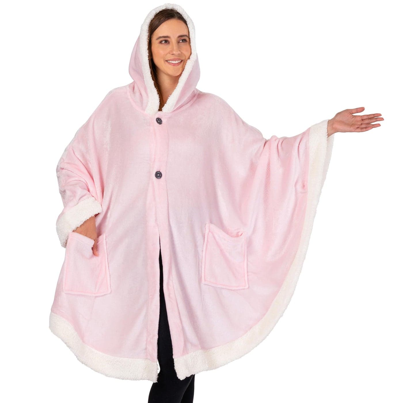 PAVILIA Wearable Blanket for Adult Women Cozy Plush Fleece Blanket Poncho Cape with Hood Super Soft Shawl Angel Wrap Throw for Office Light Pink