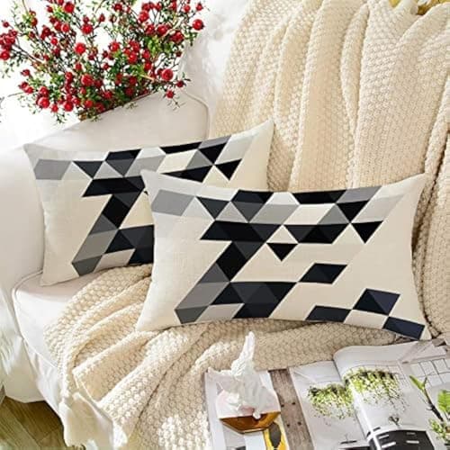 STITCHNEST Geometrical Printed Poly Cotton Rectangular Cushion Cover Set of 2, (12 X 18 Inches with Filler)