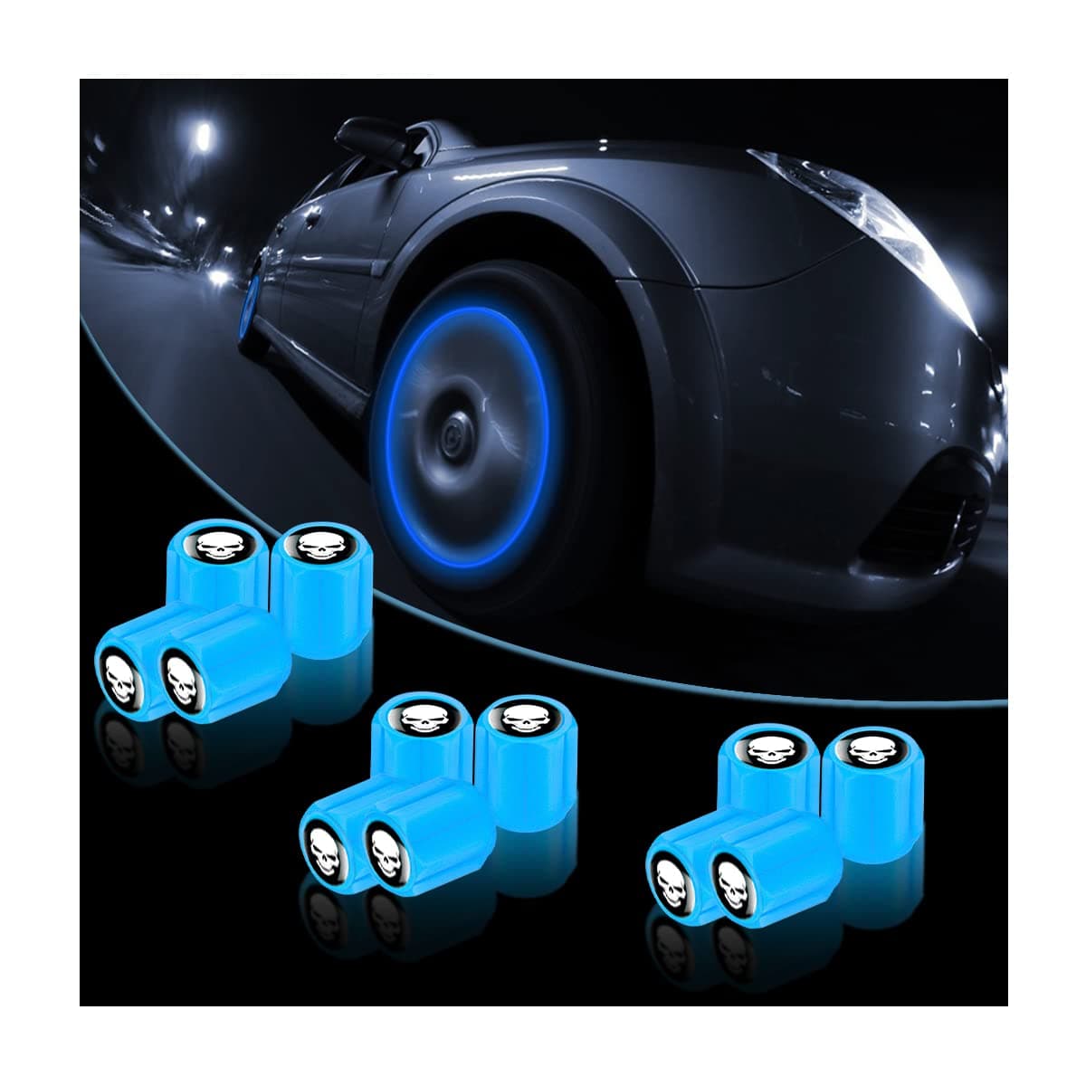 12PCS Fluorescent Skull Car Tire Valve Stem Caps ABS Corrosion Resistant Wheel Valve Cover Luminous Illuminated Cap Glow in The Dark Auto Decor Accessories for Motorcycles Bicycles BlueWhite