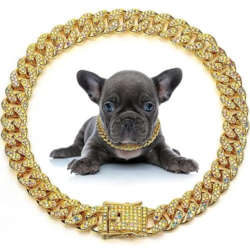 LEIFIDE Dog Chain Collar Diamond Link Puppy Collar 12 mm Wide Dog Necklace Metal Cat Chain Pet Crystal Necklace Jewelry Accessories for Small Medium Large Pet(14 Inch,Gold, AB Color)