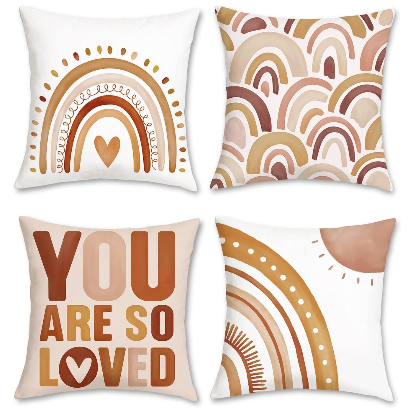 Bonhause Boho Rainbow Throw Pillow Covers 18x18 Set of 4 Inspirational Quote Heart Decorative Pillows Soft Velvet Cushion Covers for Girls Kids Bedroom Nursery Decor