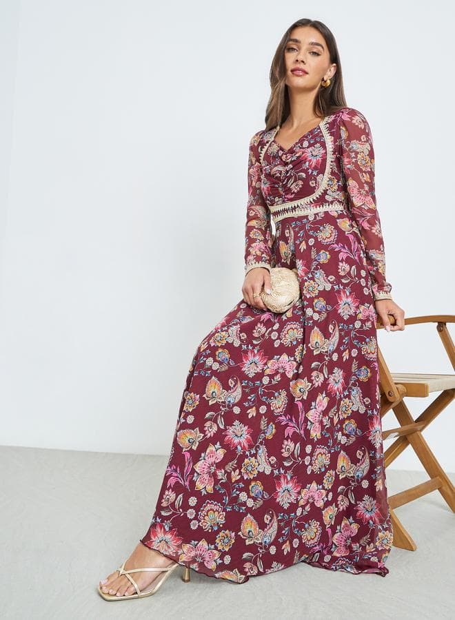 Burgundy Sweetheart Neck Floral Maxi Dress