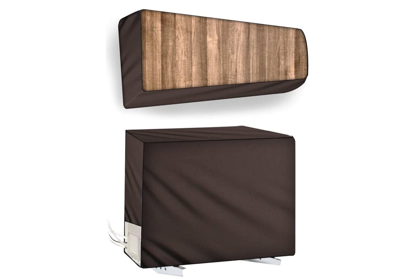 The Furnishing Tree Split AC Cover Set of Indoor and Outdoor Unit Used for 1.5 Ton Bluestar VLTU Wooden Pattern Brown on Coffee Base