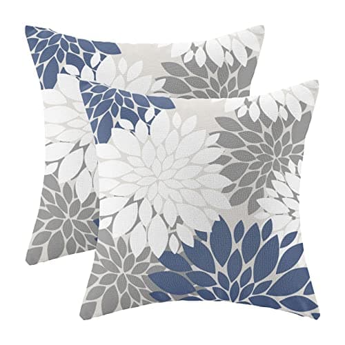 CXMEIFLY Navy Blue White Grey Pillow Covers 20x20 Inch Set of 2 Dahlia Floral Decor Throw Pillows Summer Modern Geometry Flower Outdoor Decorative Cushion Cases for Sofa Couch Bed Decorations