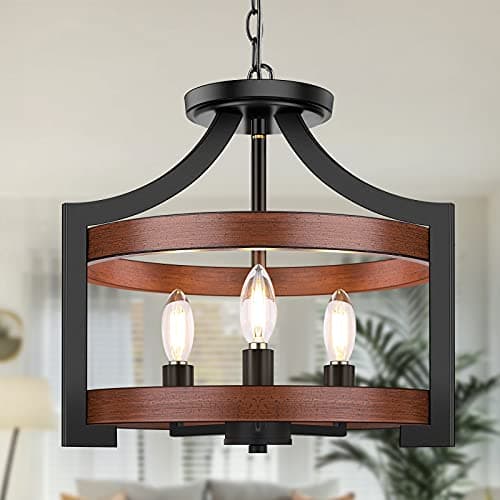 3-Light Farmhouse Chandelier, 14.5” Pendant Hanging Lighting Adjustable Height, Convertible Vintage Semi Flush Mount Ceiling Light Fixture, Rustic Chandeliers for Dining Room Foyer Entryway Kitchen