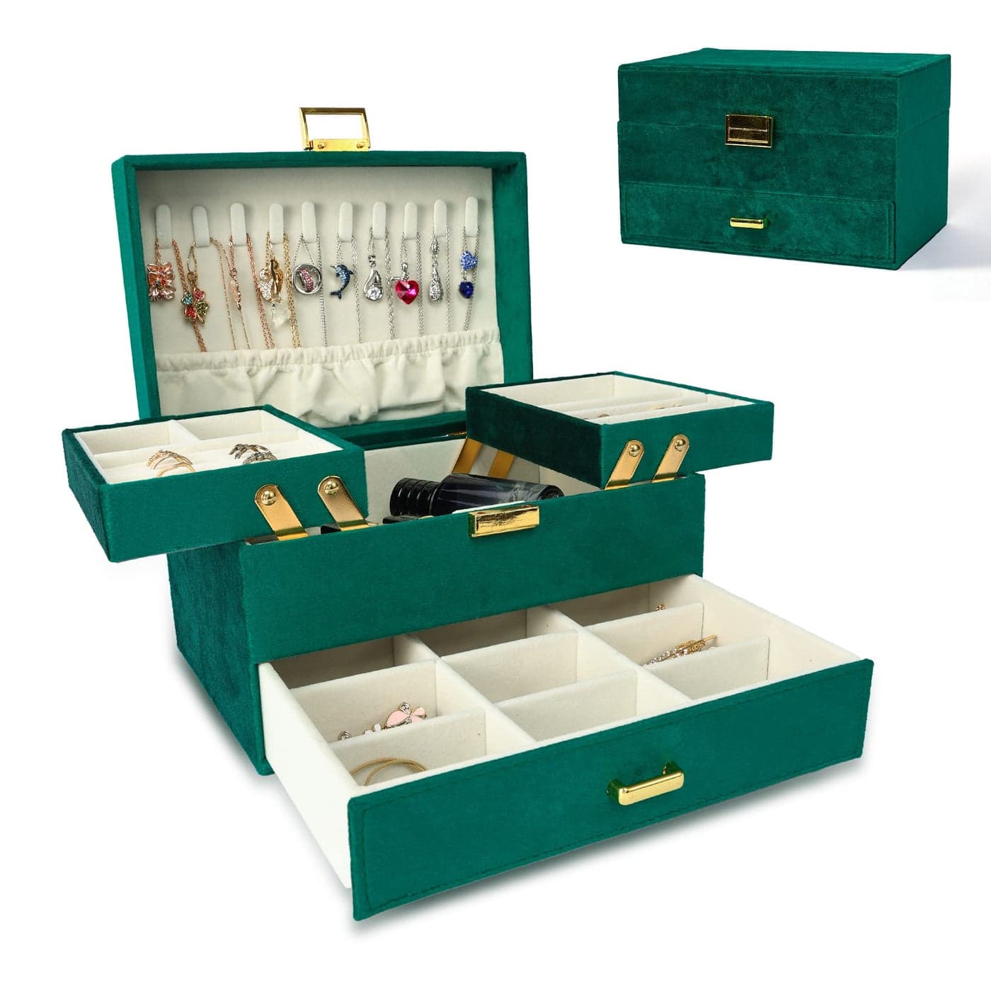 Dajasan Jewelry Box for Women 3 Layers Large Velvet Jewelry Organizer Jewelry Storage Organizer Jewelry Case for Earring Ring Necklace Bracelets Green