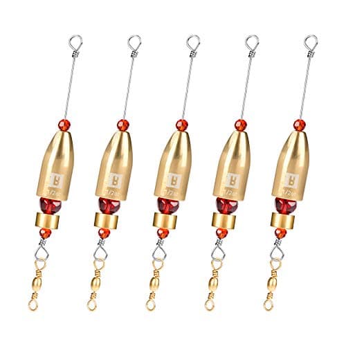 Booms Fishing CRR Carolina Ready Rigs for Bass Fishing Saltwater, 5pcs Brass Pre Rigged Carolina Rigs Kit, Fishing Weights Bullet Weights Carolina Keeper, 1/2oz Brass