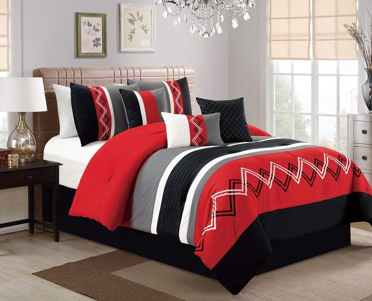 Chezmoi Collection Arden 7Piece Modern Pleated Stripe Embroidered Zigzag Bedding Comforter Set Full RedBlackGrayOffWhite