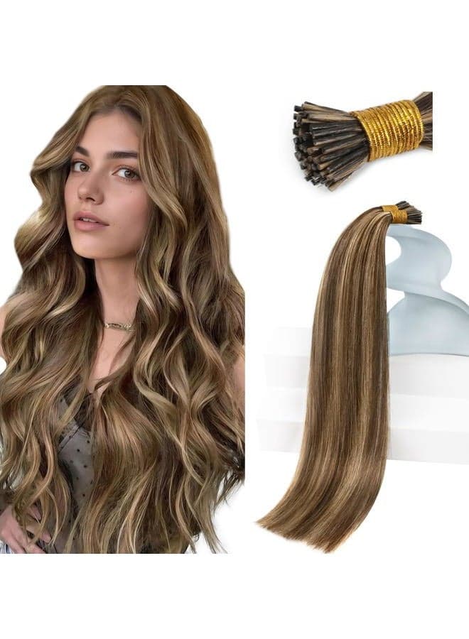 Remy I Tip Extensions Human Dark Borwn Highlight Caramel Blonde Human Extensions,Silky Straight Stick Tip Human Extensions 100% Real,50gram/pack 16inch