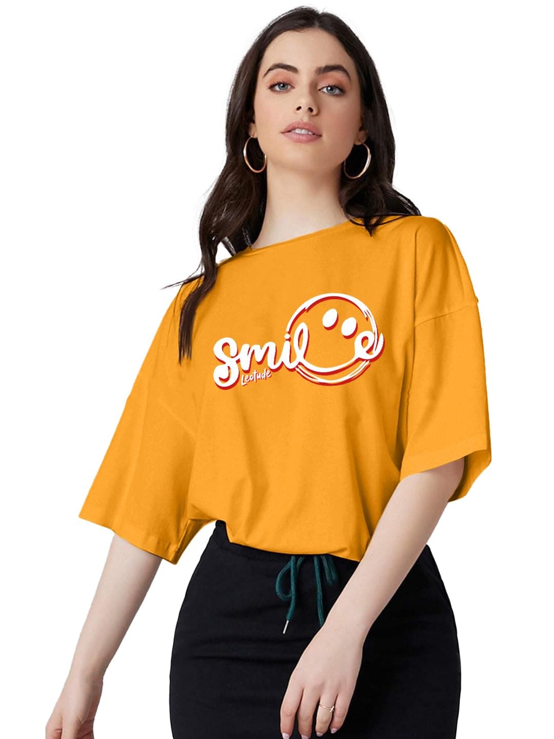 LEOTUDE Womens Oversized Round Neck Cottonblend Half Sleeve T-Shirts (GRL_FS49_MSTRD_Smile_P_Mustard_Medium)