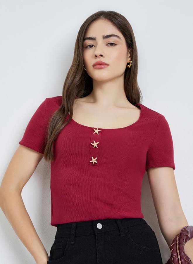 Red Ribbed Scoop Neck T-Shirt with Star Buttons