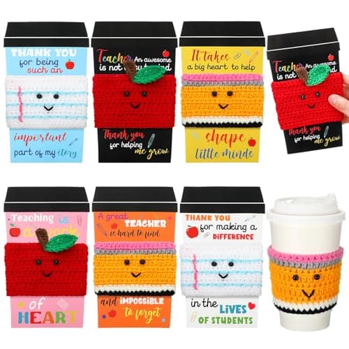 Zhehao 6 Set End of Year Teacher Gift Card Crochet Coffee Cup Sleeve Thank You Coffee Cup Appreciation Graduation Gifts for Teacher First Day of School Party Favors