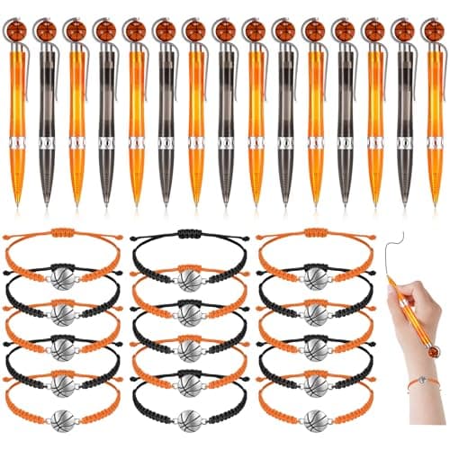 Sabary 30 Pcs Basketball Party Favors Set 15 Pens 15 Basketball Theme Bracelets Ballpoint Pen Adjustable Bracelet Party Gifts for Team Members