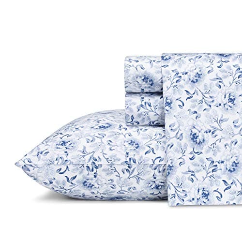 Laura Ashley - King Sheet Set, Buttery-Soft Bed Sheets with a Naturally Silky Smooth Cotton Sateen Lightweight Feel - Matching Pillowcases & Fitted Sheet (Lorelei Dark Blue)