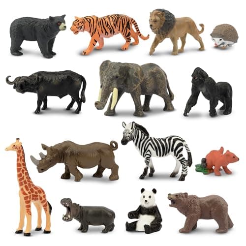 Toymany 14PCS 12 Tiny Jungle Animal Figures Toy Realistic Mini Jungle Zoo Animal Figurines Cake Topper Toy Set Easter Egg Christmas Birthday Gift Party Favor School Project for Kids Toddlers