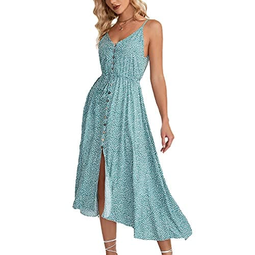BROVAVE Women's 2025 Summer Casual Boho Sundress Polka Dot Spaghetti Strap V Neck Flowy Midi Dresses(008 Light Green, Large)