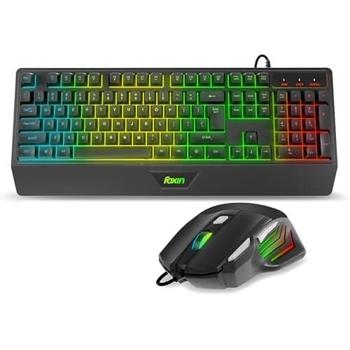 FOXIN Endeavour Gaming Keyboard and Mouse Combo Wired | RGB Rainbow Backlit Keyboard with 104 Keys & Wrist Rest | 3600 DPI | 7 Button Mouse | Plug & Play for PC, Laptop, Desktop