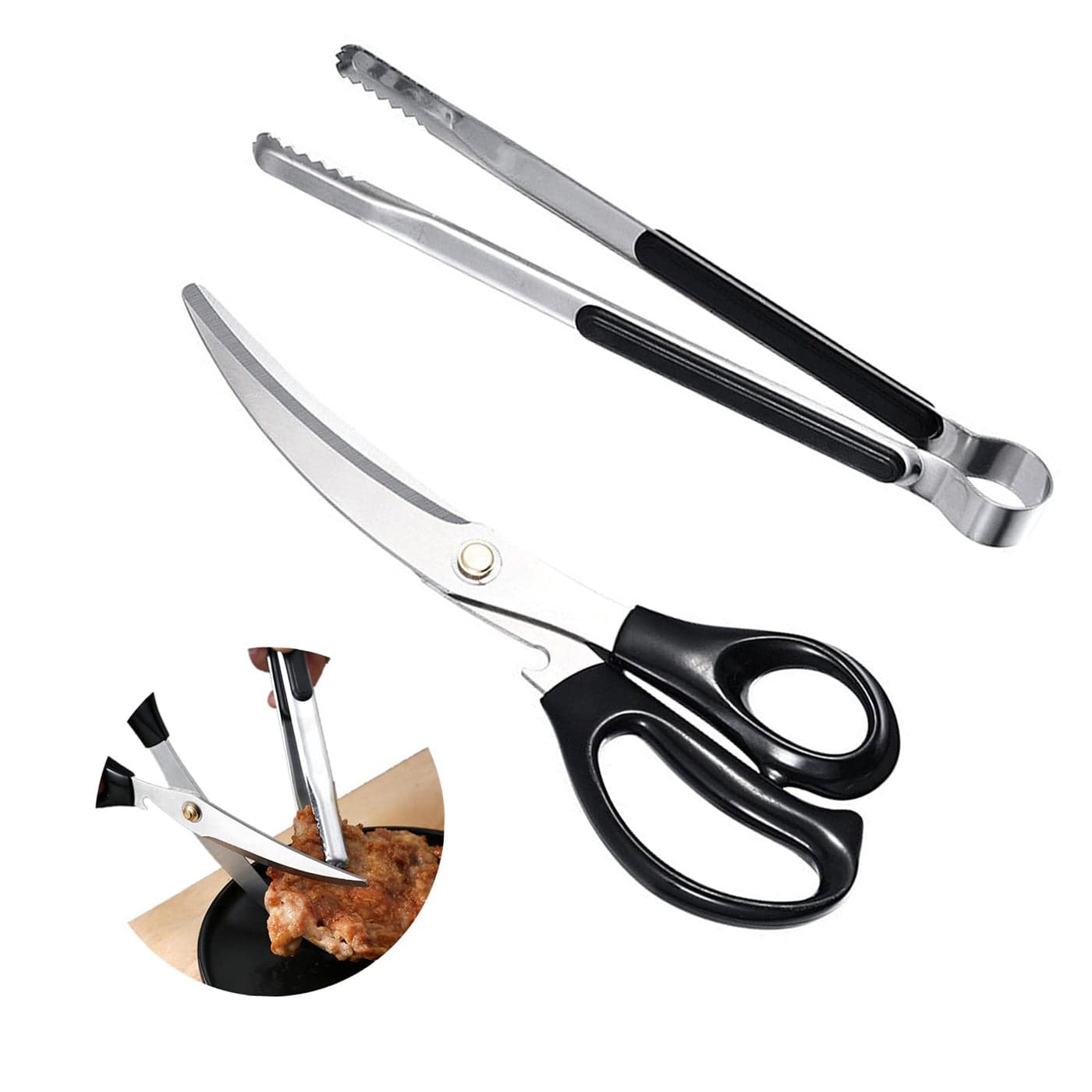 Korean Barbecue Scissors And Tongs Set Bbq Scissors Bbq Tongs Stainless Steel Ergonomic Sharp Shears And Clips For Kitchen Cooking ClipsPizza Shears For Easy Use Black