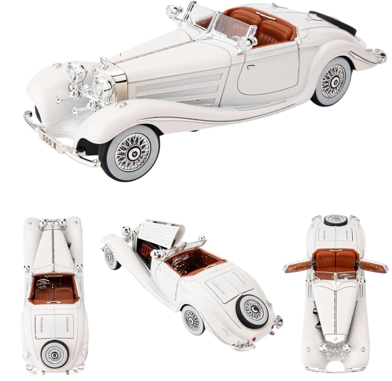 Magicwand® Die-Cast Zinc Alloy 1:24 Scale 1936 Merrc-Bennz Classic Large with 4 Openable Doors,Lights & Music & Working Steering【White】【Pack of 1】