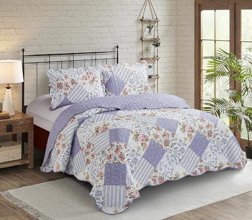 Brilliant Sunshine Rose Violet Patchwork, 3-Piece Quilt Set with 2 Shams, Reversible Bedspread, Soft Lightweight Coverlet, All-Season, Full/Queen, Rose Violet