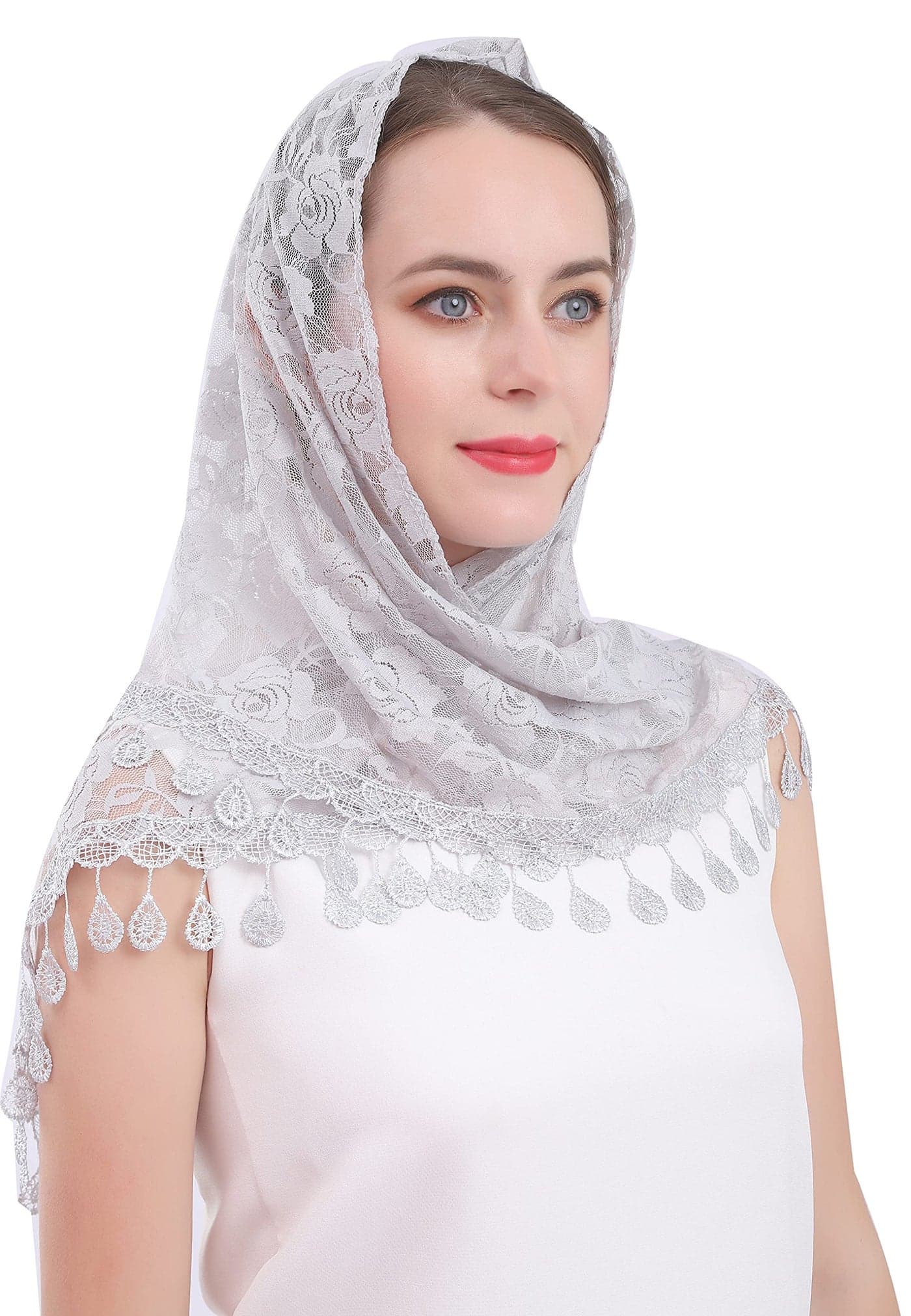 Cilkus Lace veil Mantilla veil Shawl or Scarf Latin Mass Head Cover with Fringed lace (Gray)