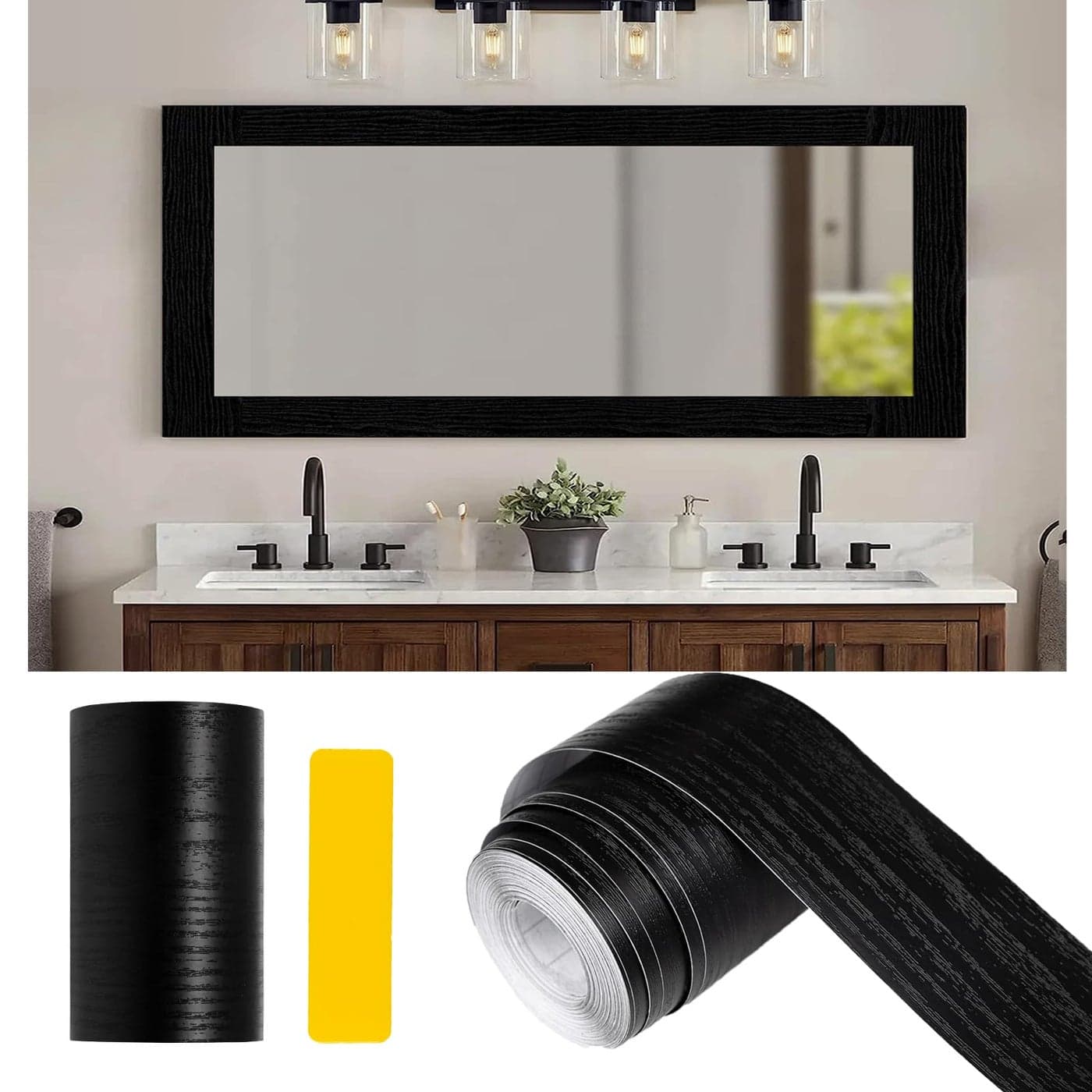 Alened 10M Black Wood Grain Mirror Tape Border Peel and Stick Wallpaper Removable PVC Waterproof Bathroom Mirror Frame Sticker Trim Kitchen Wallpaper Self Adhesive Decor Sticker 314 x 393