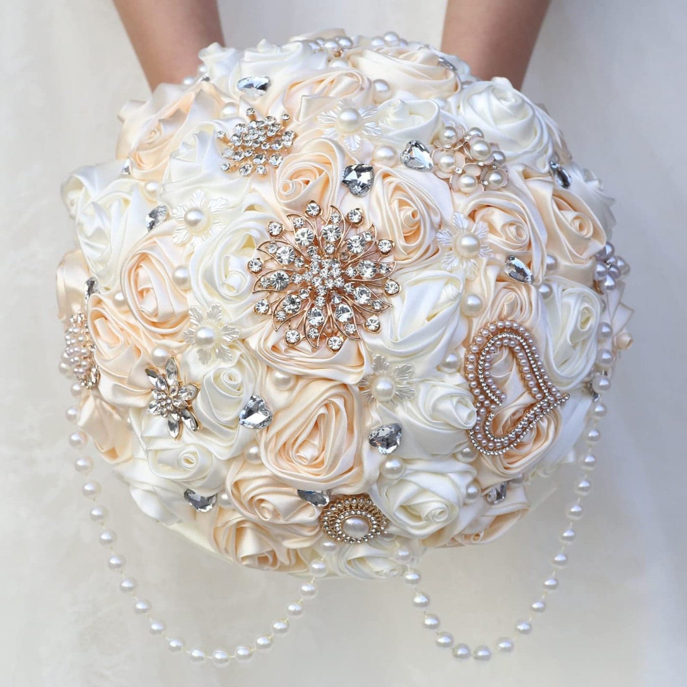 Gkvszy Ivory and Champagne Bridal Wedding Bouquet with Rhinestone Brooch Pearl String Cascade Bouquet for Bride Bridesmaid Quinceanera Satin Rose Flower Bouquet Wedding Champagne and Ivory 87in