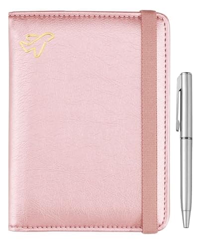 WALNEW Passport Holder for Travel, RFID Passport Cover Wallet for Women Men, PU Leather Passport Book Card Holder Case with Pen (Elastic Band Closure, C-Rosegold)