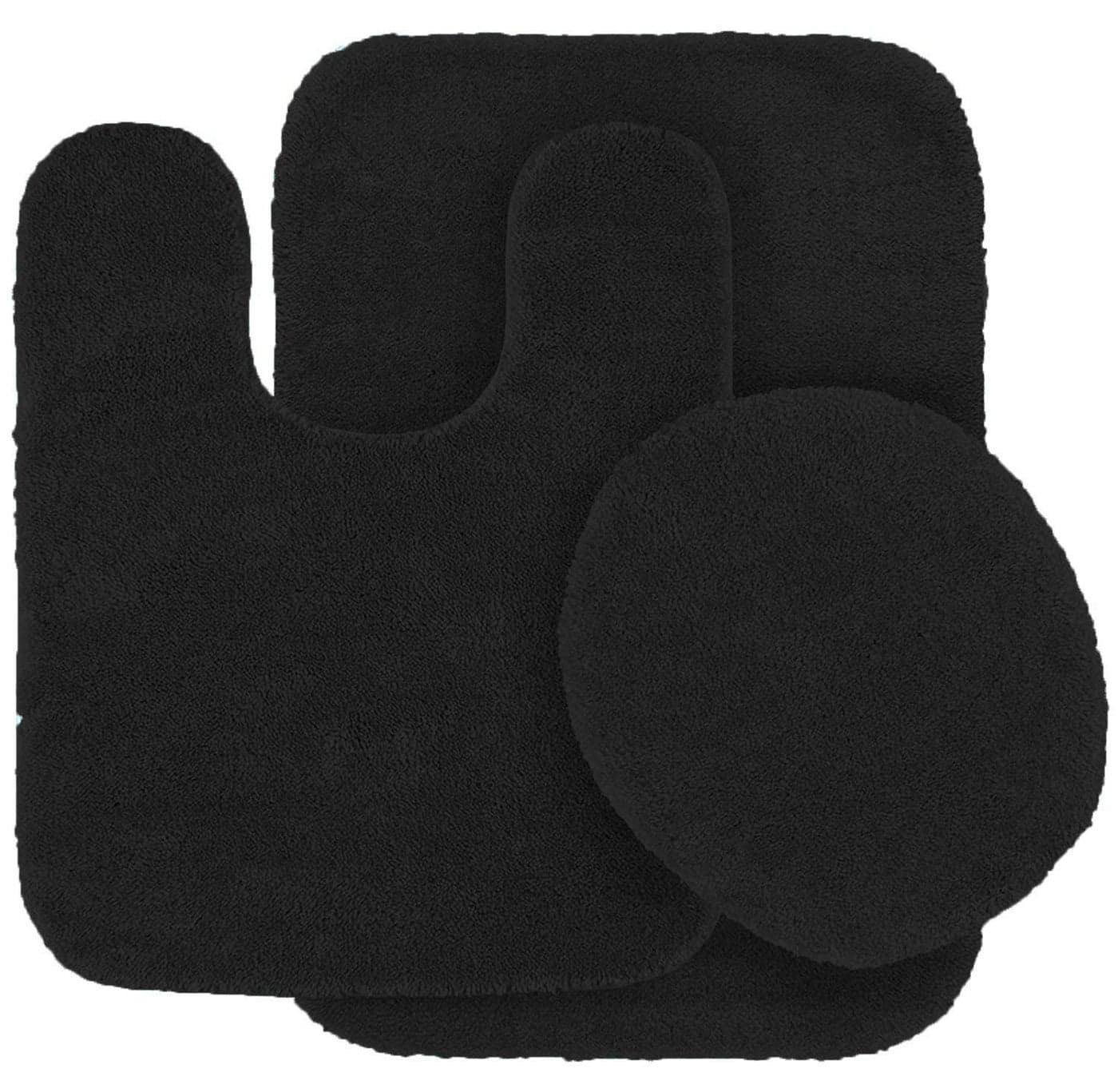 3pc Solid Non Slip Soft Bath Rug Set for Bathroom U-Shaped Contour Rug, Mat and Toilet Lid Cover New Angela (Black)