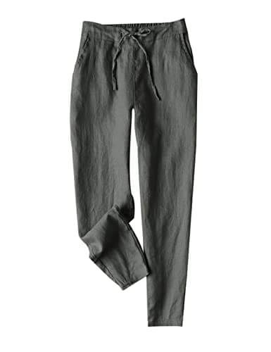 Tanming Linen Pants for Women Summer Casual High Waisted Drawstring White Beach Pant (Darkgrey, XL)