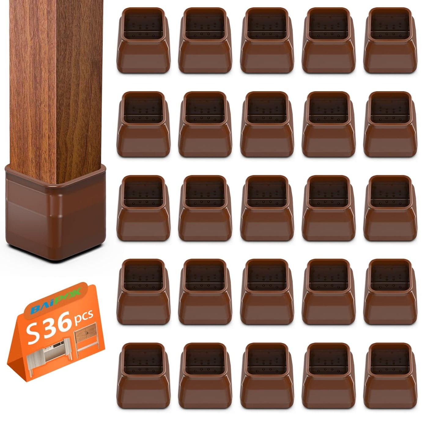 BAIPOK 36Pcs Square Chair Leg Floor Protectors for Hardwood Floors Felt Furniture Pads Furniture Sliders Silicone Covers to Protect Wood Tile Floors Reduce Noise No Scratch Small Brown
