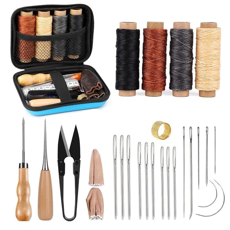 Fayby Leather Repair Sewing Kit Upholstery Needle Set with Waxed Thread and Awl Hand Stitching Tools for Leather Working on Car Seats Sofa Shoes Bags and DIY Craft Projects