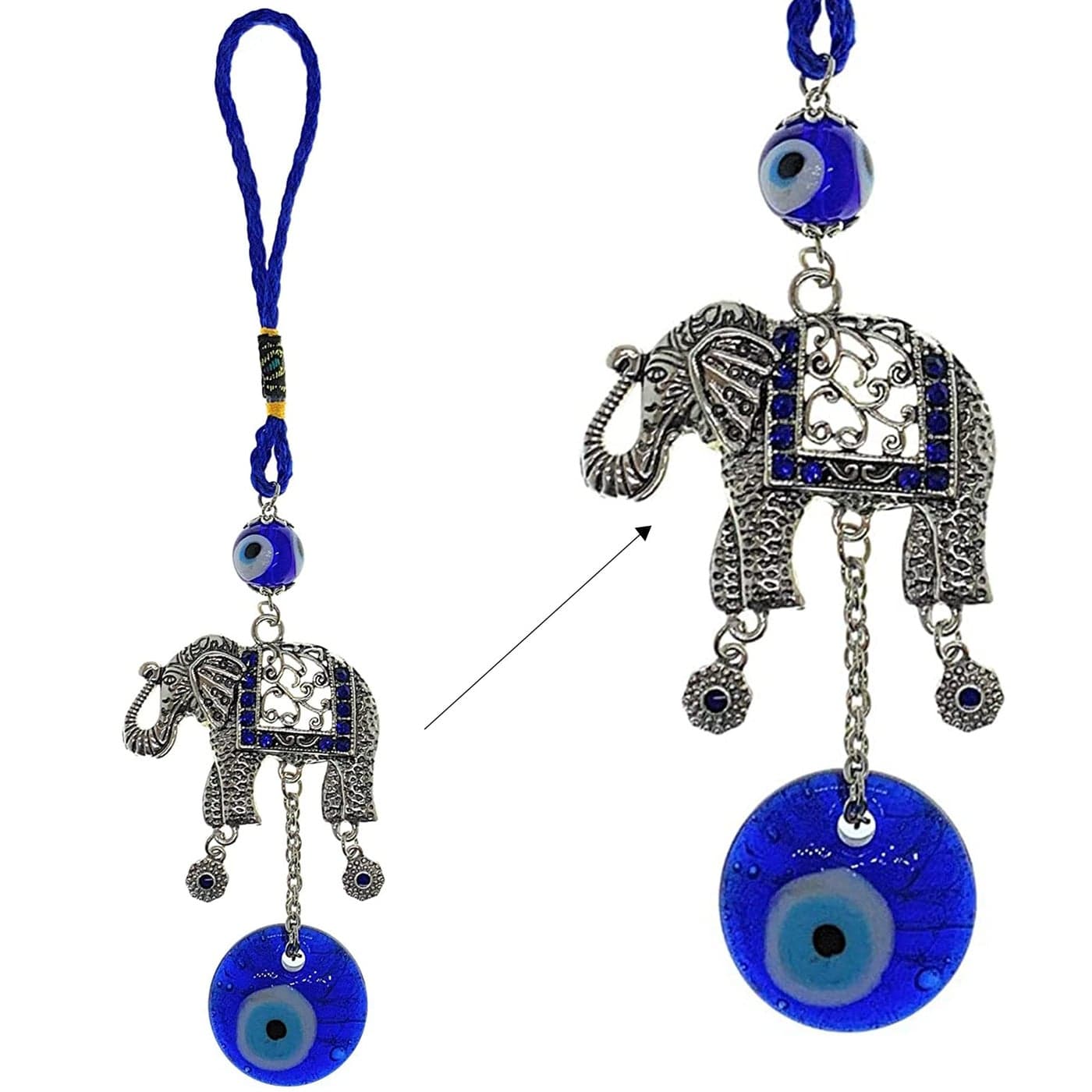 LUCKBOOSTIUM Silver Elephant wBlue White Black Resin Evil Eye Beads Tassels Charms Evil Eye Car Hanging OrnamentRear View Mirror AccessoriesKeychain Charm for Bag Home Office Door