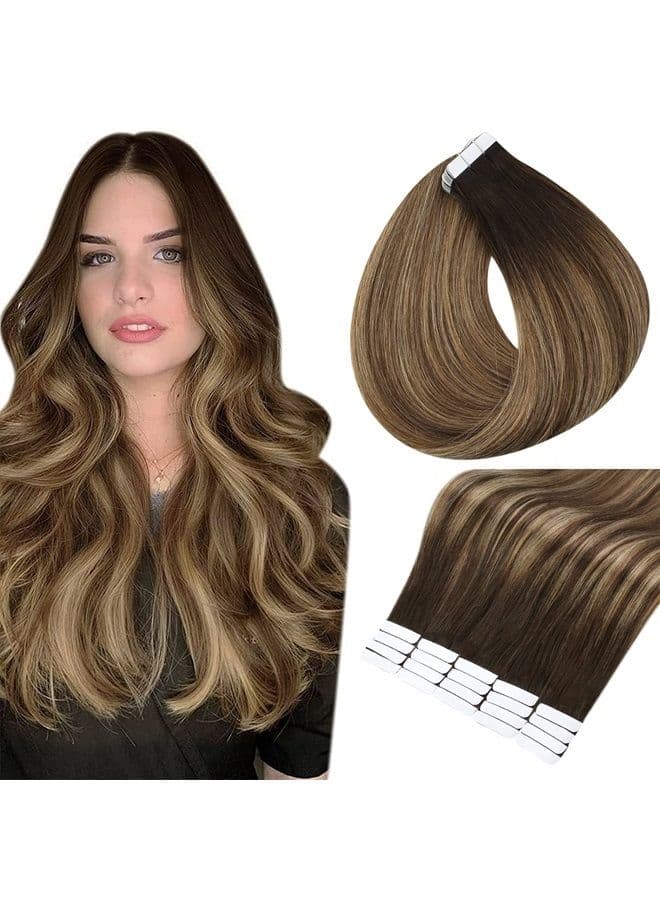 22 Inch Pu Tape in Hair Extensions Balayage Color 2 Brown Fading to 3 and 27 Honey Blonde Skin Weft Tape Hair Extensions Double Sided Tape in 20 Pcs 50 Grams Straight Hair Tape ins