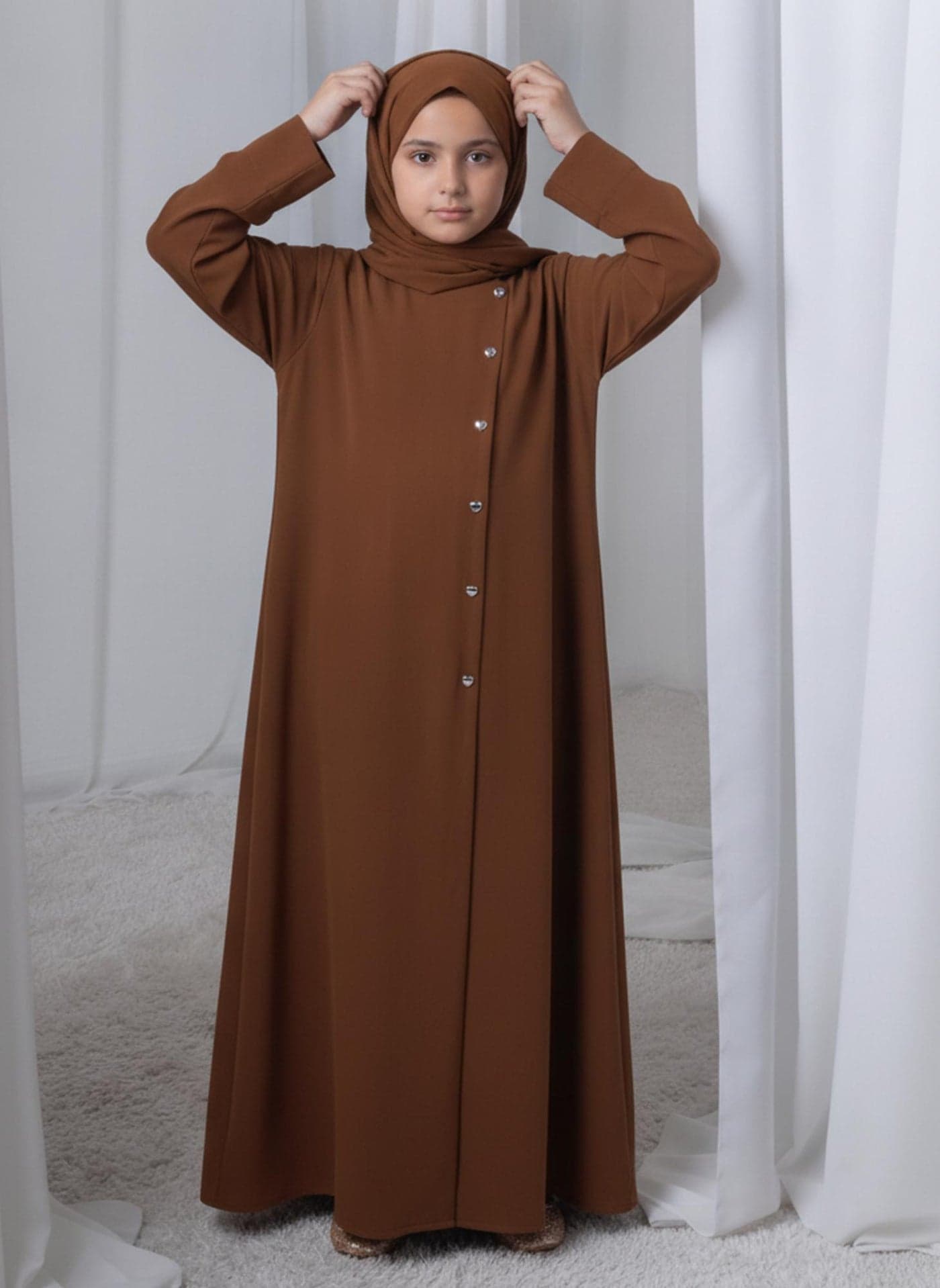 Brown Kids Abaya with Matching Hijab for Girls Korean Nida Fabric Modest Islamic Dress 8 Colors Available