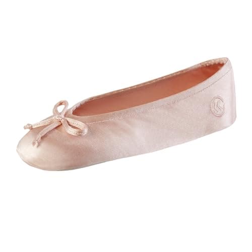 isotoner Women's Classic Stretch Satin Ballerina Slippers with Bow Tie and Leather Sole, Evening Sand, 9.5-10.5