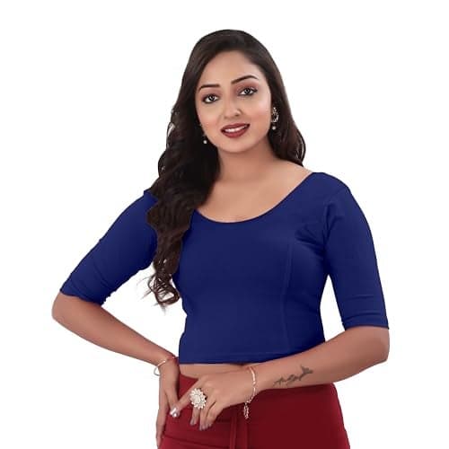 DESI GIRL - Round Neck Cotton Lycra Regular Fit Saree Blouse for Women | Bracelet - 3/4 Sleeve Readymade Stretchy Embroidered Design Festive Blouse Perfect for Saree, Lehenga, Kurti | R. Blue - 44
