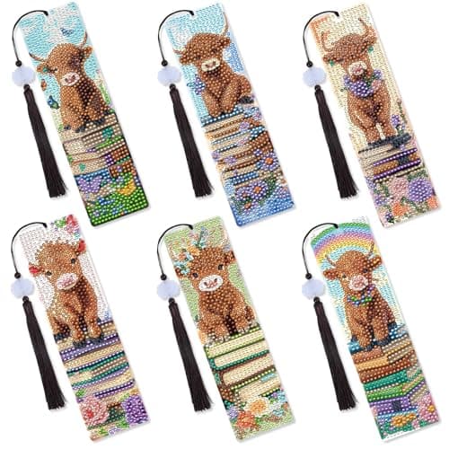 Sitsink Highland Cow Diamond Bookmarks 6 Pcs Hyland Cow Western Diamond Painting Bookmarks with Tassels Animal Book Lover Gift DIY Craft Kit