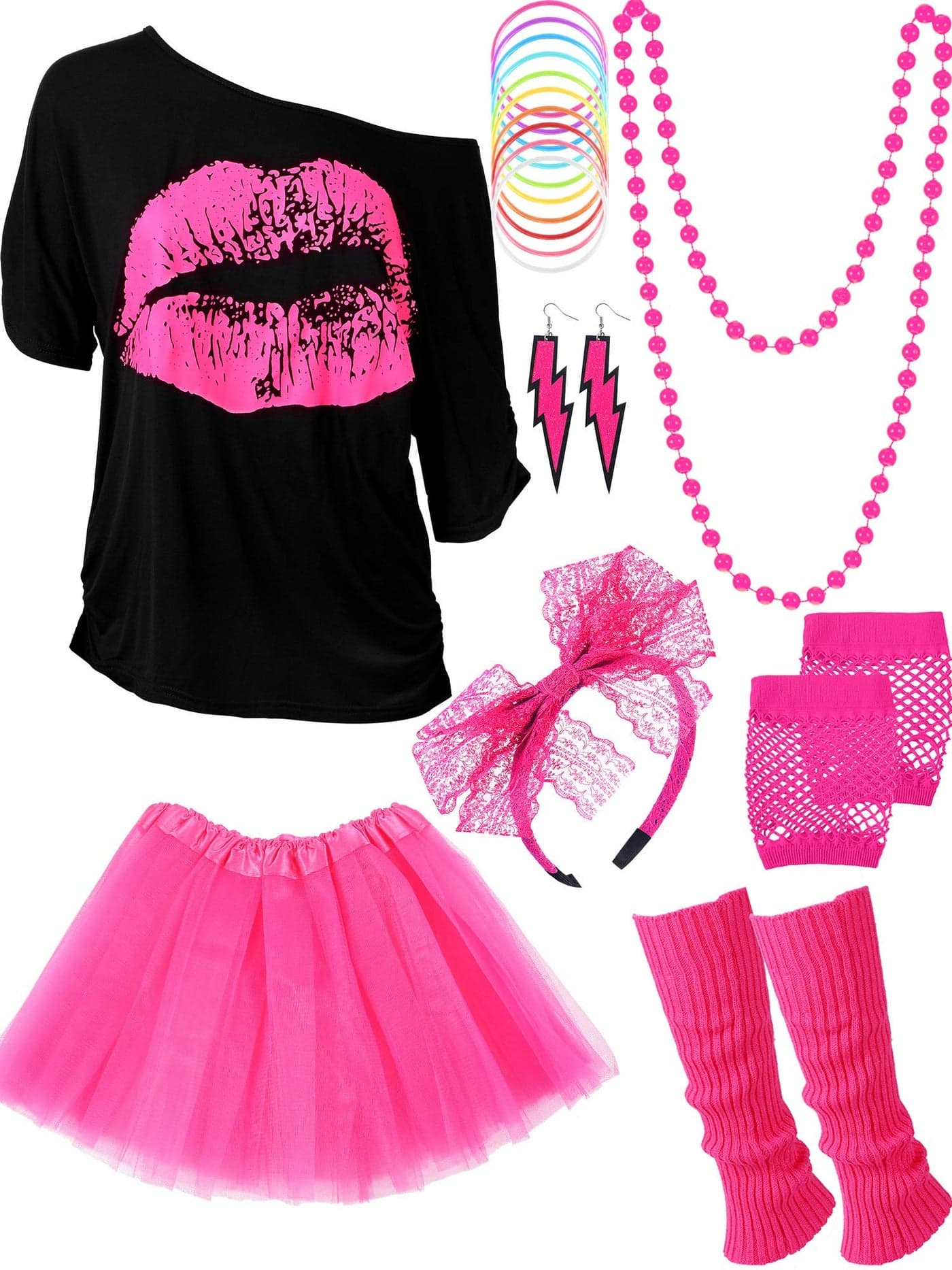 Womens 80s Costume Accessories Set Lips Print TShirt Adult Tutu Skirt Lace Headband Neon Earrings Necklace Leg Warmers Fishnet Gloves Bracelet Rose Red XS
