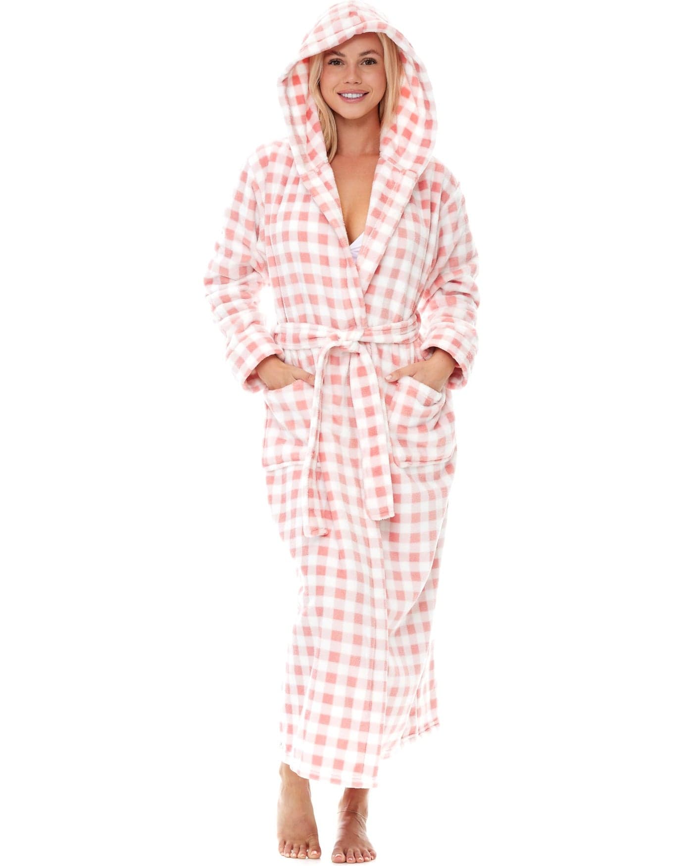 Alexander Del Rossa Womens Robe Long Plush Bathrobe Hooded Robe Plus Size Blush Gingham Check Large A0116AEGLG