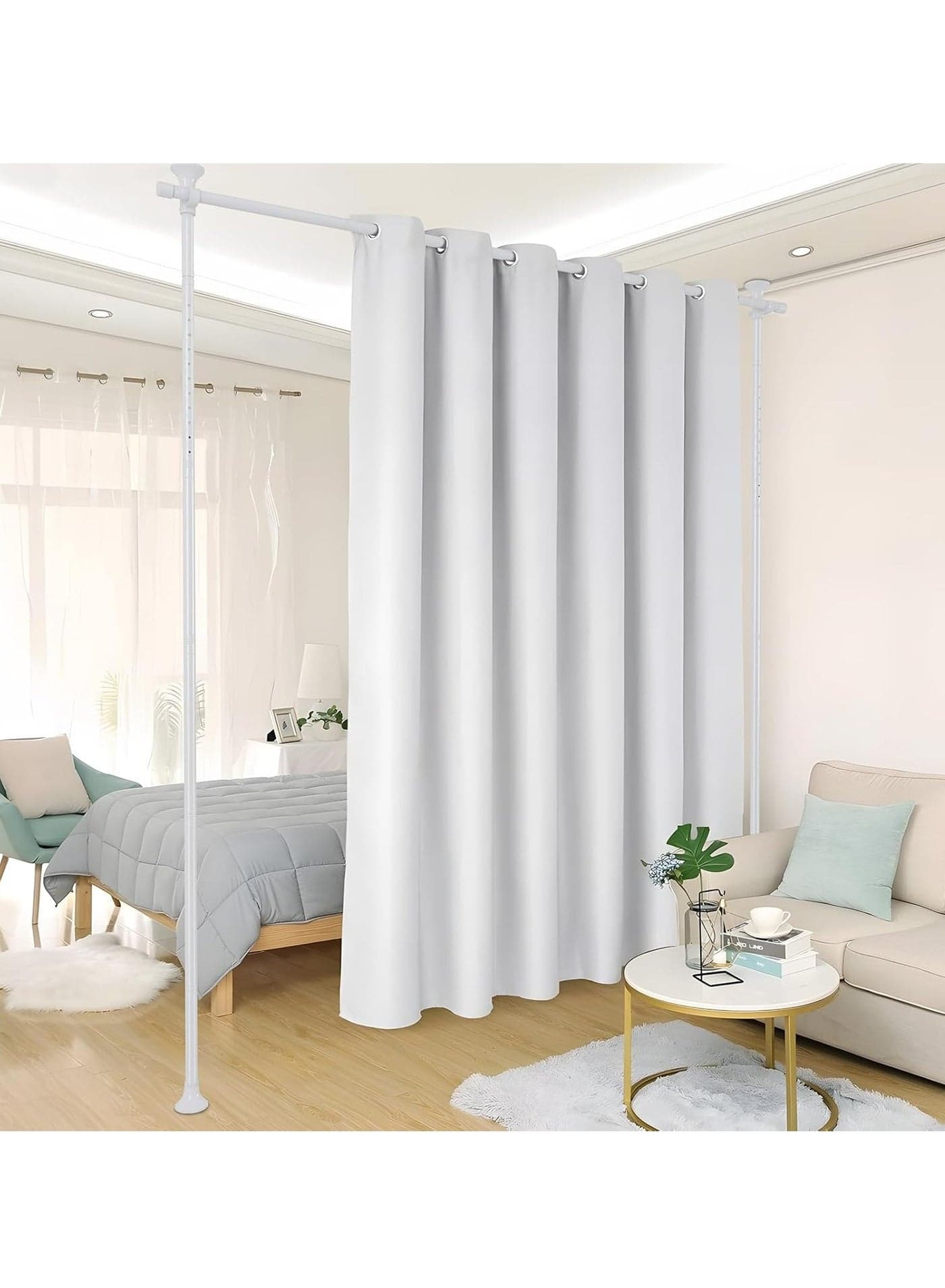 2 Pack Adjustable Freestanding Room Divider, Drilling Free Tension Curtain Rods, Floor to Ceiling Wall Divider Rod, Heavy Duty Partition Dividers with 2.7*2m Hanging Curtains