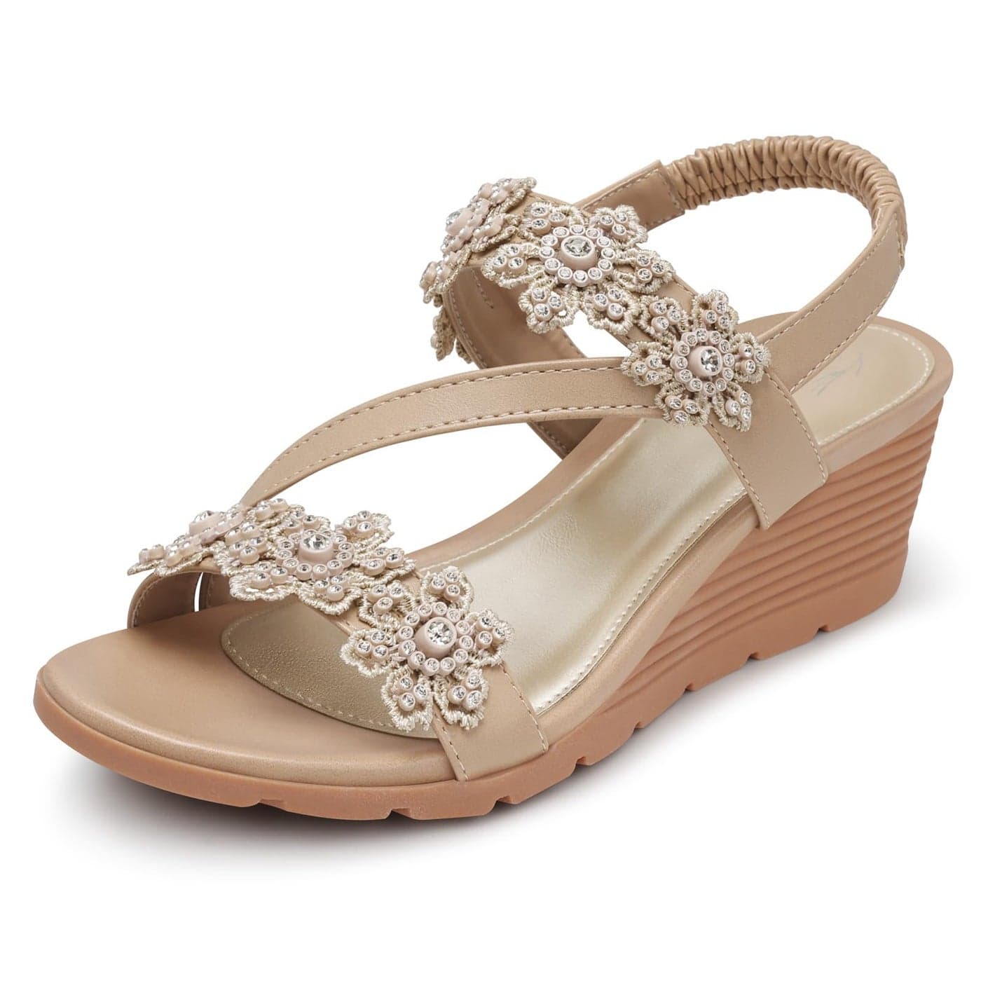 SHIBEVER Wedge Sandals for Women Dressy Summer Nude Open Toe Low Platform Wedges Sandals Flower Comfortable Casual Shoes Size 7