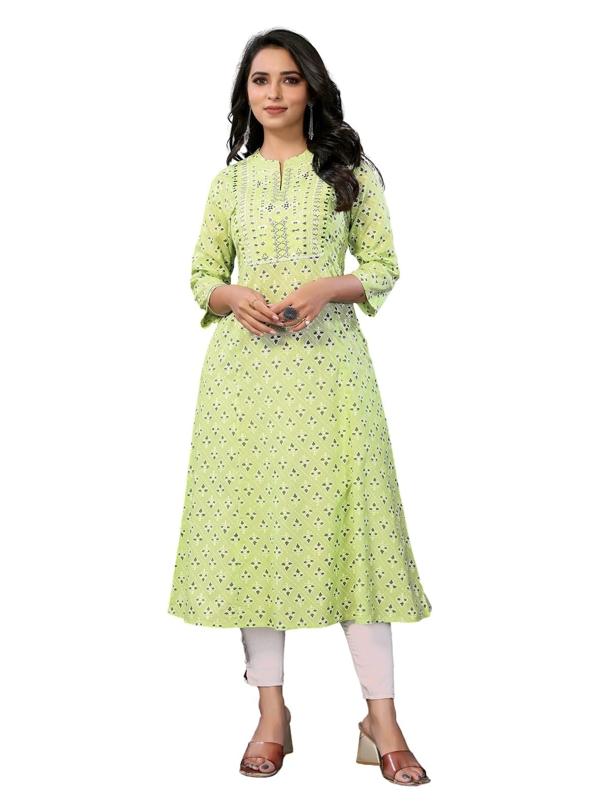 rangita Green Rayon Calf Length Embroidered Flared Kurti | Kurta for Women_L